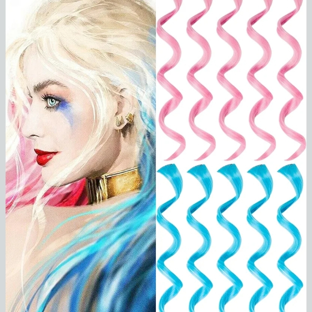 5 Pink and 5 Blue Wavy Hair Extensions Set Of 10